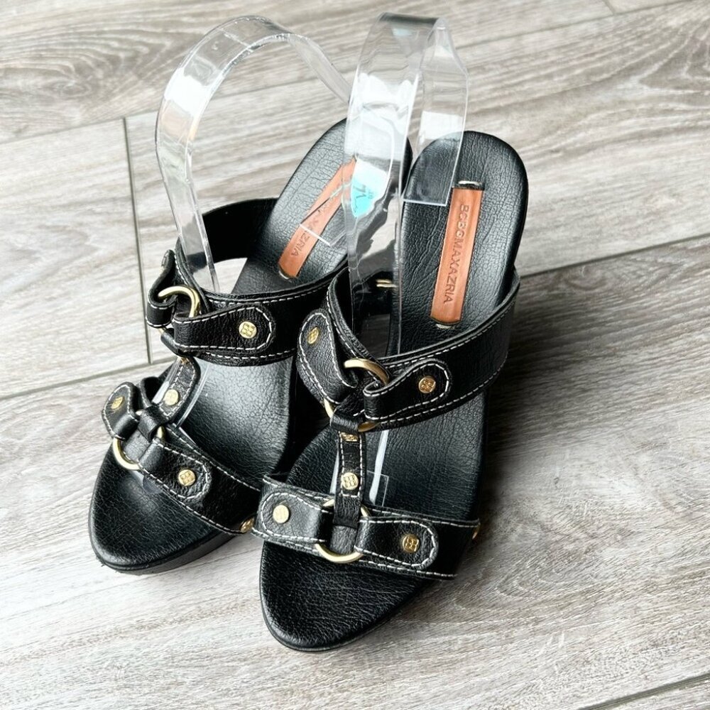 BCBGMAXAZRIA Ma-dara Black Buffalo Wedge Sandals All Leather